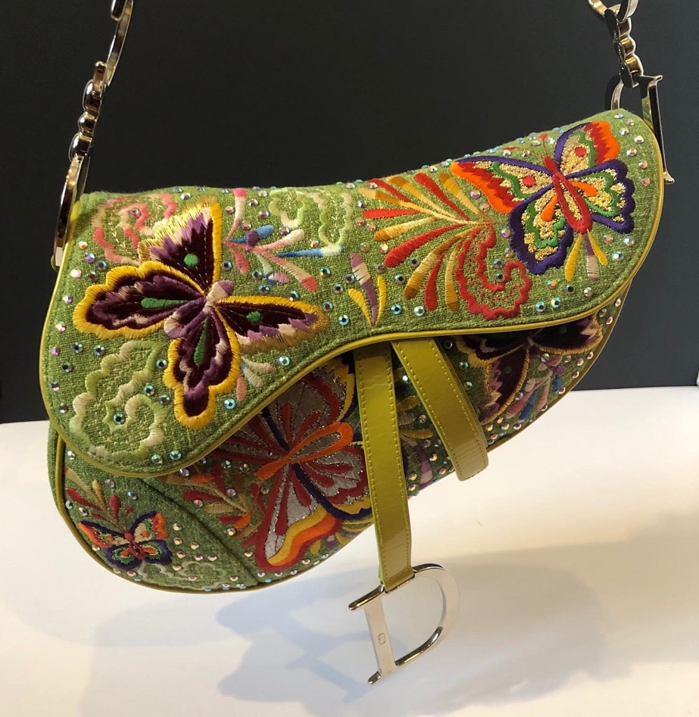 DIOR Saddle Bag In Embroidered Leather Linen Limited Edition Lime