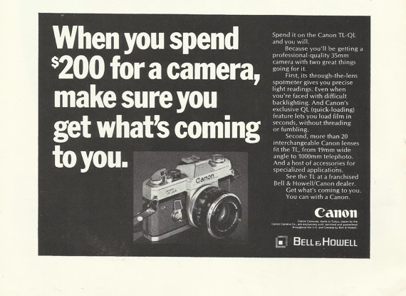 Bell Howell Canon Tl-QL Camera 35mm Original 1969 Vintage Print Ad Black and