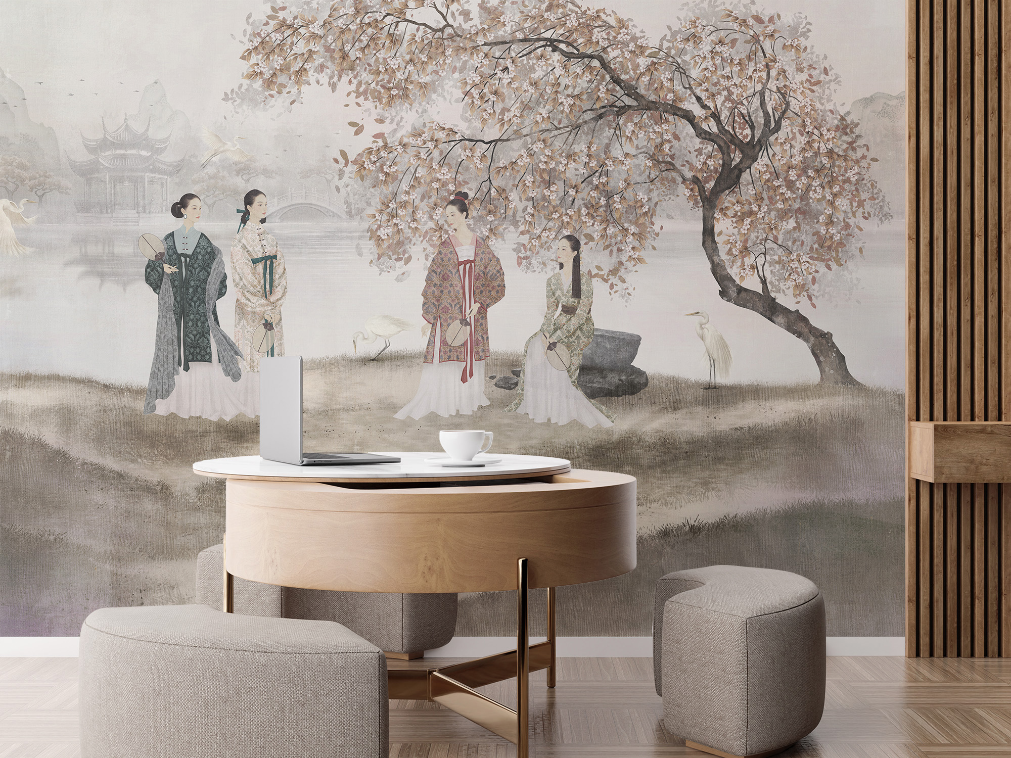 Empty white wall in modern room. Mock up interior in minimalist, contemporary style. Free space, copy space for your picture, text, or another design. Table, cup with coffee, laptop. 3D rendering