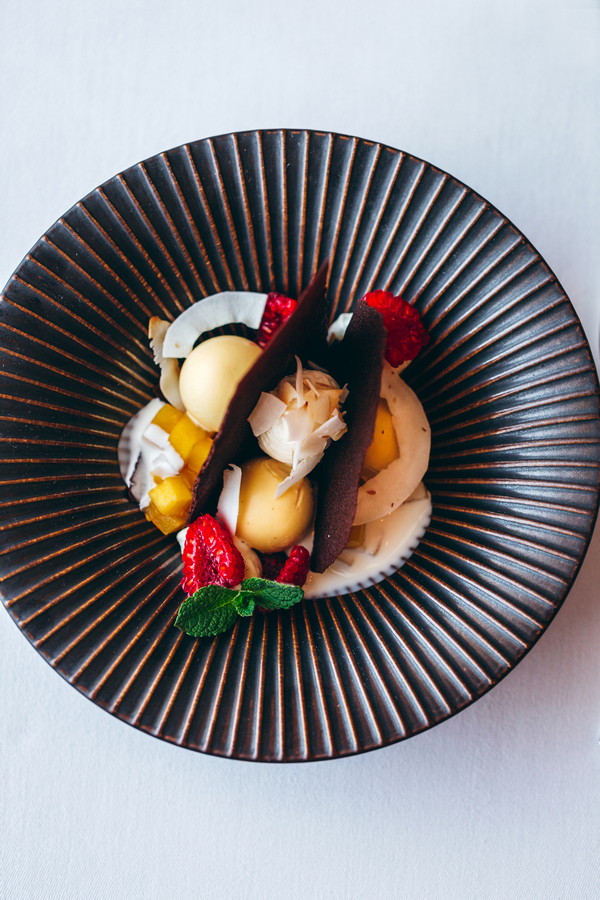 Domaći sladoled od manga i kokosa hrskavi kreker s kardamomom i kakaom svježe maline čips od kokosa 3